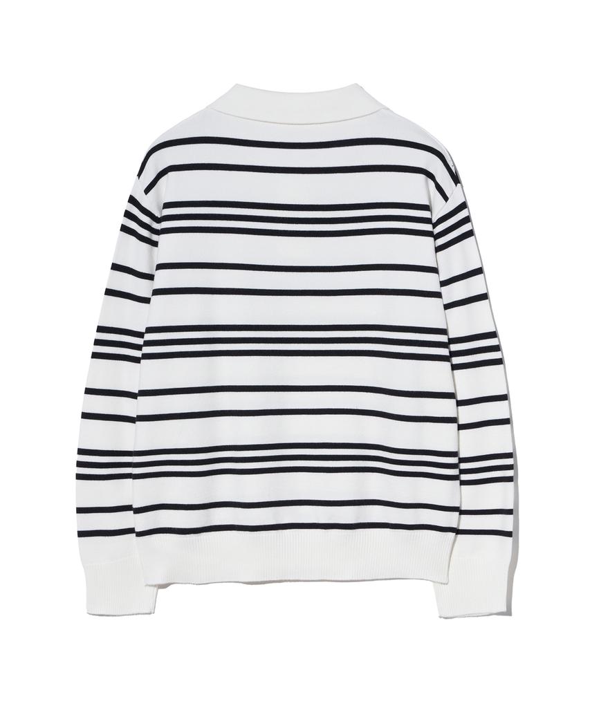 IRONYPORNO WHITELINE 86-Iroj358 Collared Neck Small Striped Long Sleeve Knit White