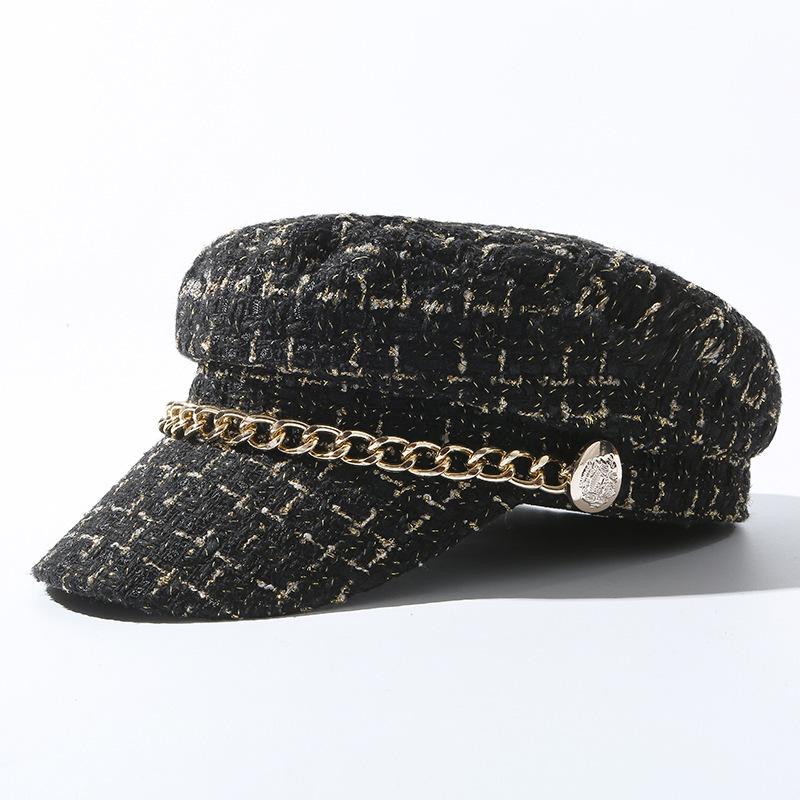 Beret Women's Spring and Autumn Winter Collection Korean Edition Ins Versatile Navy Hat Chain Women Fashion Flat Top Caps