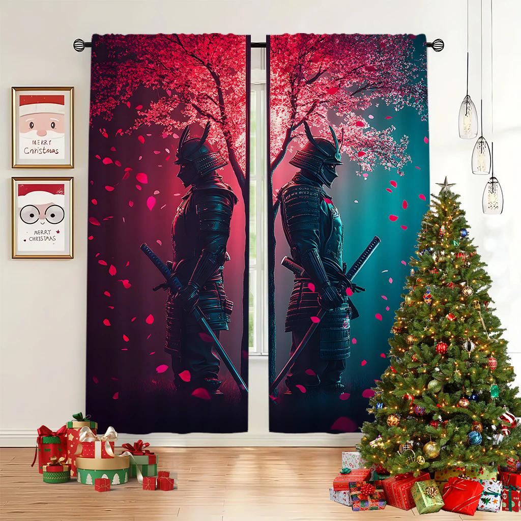 2pcs- Classic Samurai Design Printed Curtains, Pole Bag Curtains, Home Decoration, Room Decoration