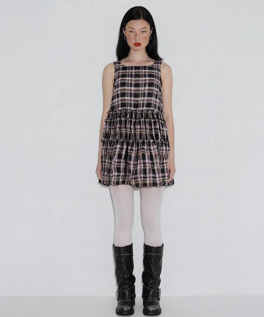 Cecese Tiered Ruffle Check Dress Black