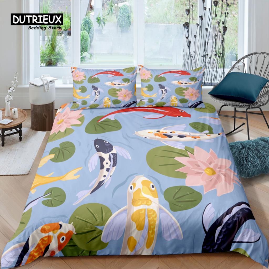 Home Living Luxury 3D Fish Lotus Bedding Set Flower Duvet Cover Pillowcase Queen And King Eu/Us/Au/Uk Size Comforter Bedding