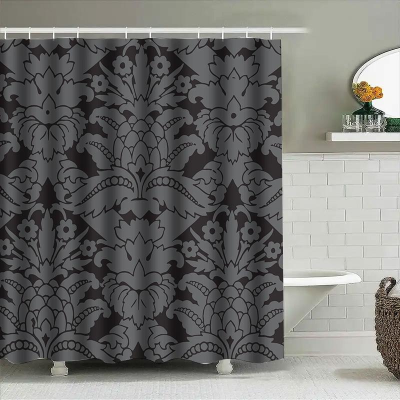 Luxurious Damask Shower CurtainElegant Black Grey Floral Print Bathroom Decor Waterproof Fabric for Home Bathrooms in Various Si