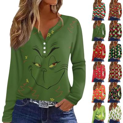 Women's T Shirt Tee Christmas Print Button Long Sleeve Daily Weekend Fashion Basic V- Neck Regular Top
