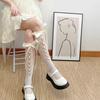 JK Lolita Sweet Girls Lace Bow Stockings Summer Lace Mesh Fishnet Stockings Knee High Socks Flower Hollow Bandage Stockings