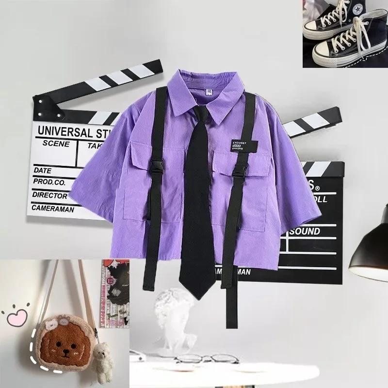 Women's Cargo Pants Set for Summer Dark Gothic Style Belted Short-Sleeved Shirt + Black Chain-Linked Jogger Pants Two-Piece Set