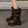 Fashion Mid Length Boots for Women 2025 New Style Thick Soled Height Increasing Short Boots, Fashionable Retro Anti Slip Leather Boots