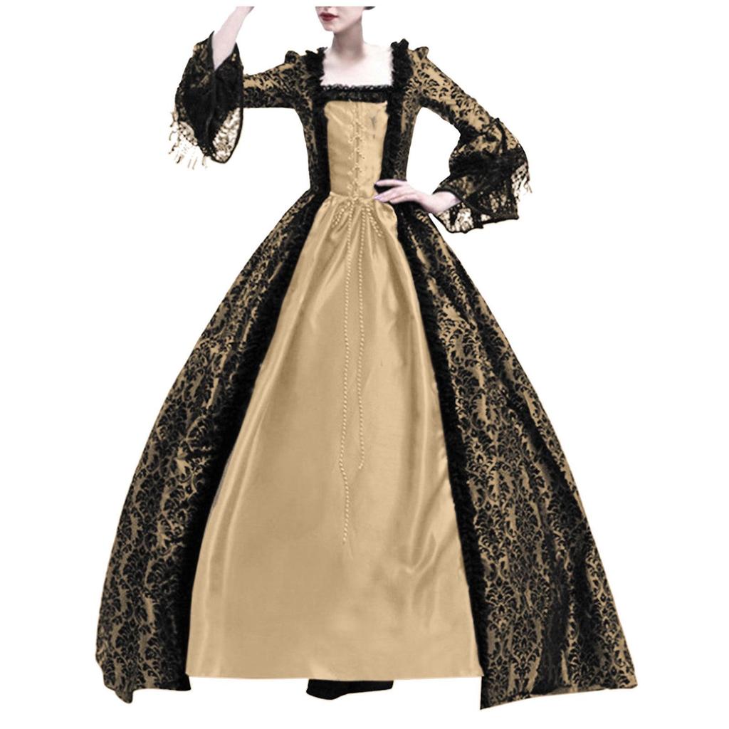 2026 Retro Europäisches & Amerikanisches Mittelalterliches Spitzen-Patchwork-Glockenärmelkleid