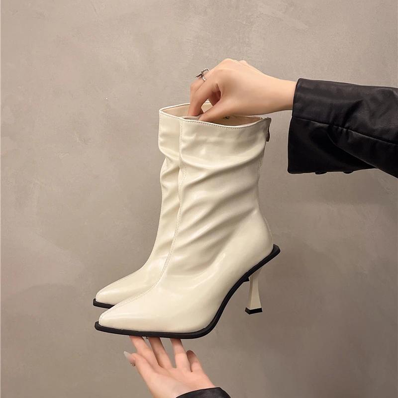 Hoge Hak Enkellaarsjes Dames Herfst Winter Nieuwe Puntige Bruine Laarzen Rits Leer Mode Sexy Luxe Merk Geplooide Designer Laarzen