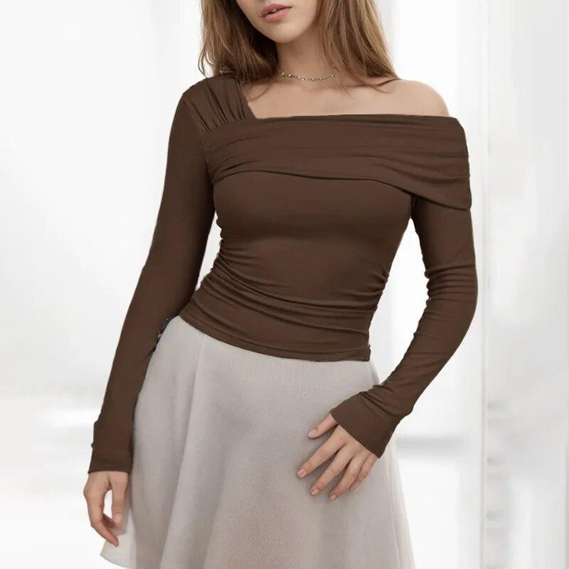 Fashion 2024 Slim Fit Womens White T-shirt Solid Long Sleeve Pleated Tops T-shirt For Women Autumn Skew Collar T Shirts 30613
