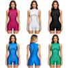 Costum de baie bodysuit lucios pentru femei, plasă transparentă, patchwork, gât ridicat, fără mâneci, fermoar la spate, slip tip boxer