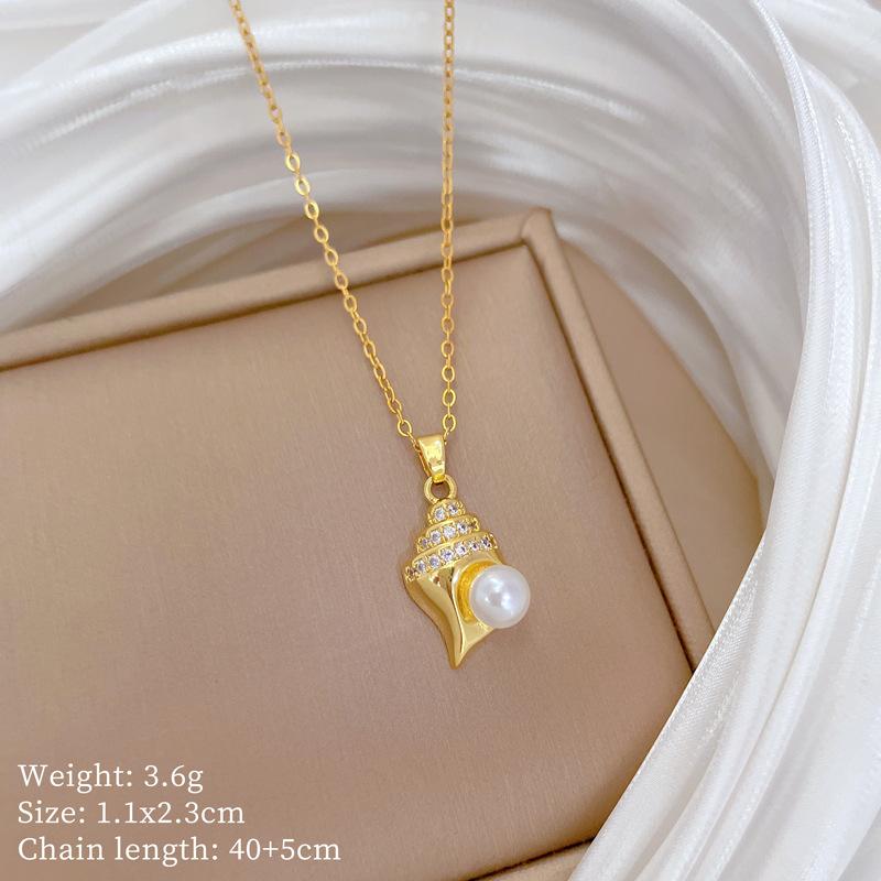 Snail Pearl Full Diamond Light Luxury Temperament Gorgeous Full Diamond Necklace Women'S Versatile Collarbone Chain Titanium Steel Chain