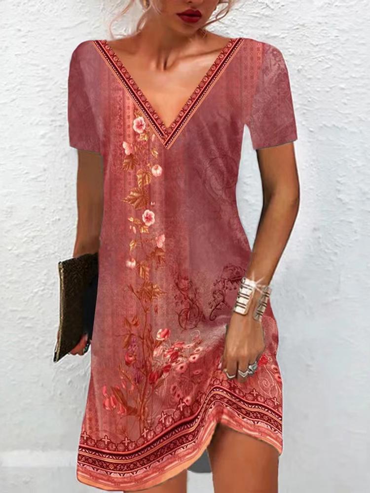 Summer V Neck Floral Printed Dress for Women Vintage Casual Loose Fit Short Sleeve Comfortable Elegant Beach Dress S-5XL