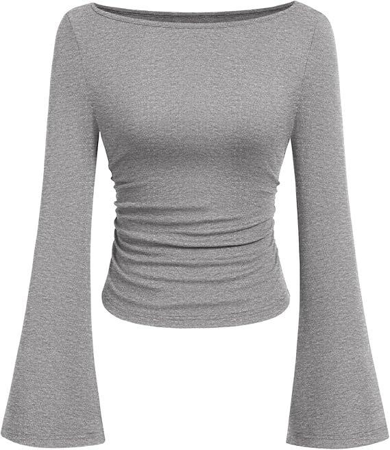 2025 M. Ruduo, Slim Fit, Moteriškas, Valties Kaklas, Varpeliu Rankovės, Raukinė Palaidinė - Vienspalvė, Ilgomis Rankovėmis