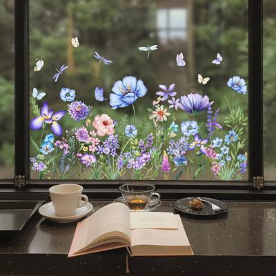 Kleurrijke Bloemen & Vlinder Elektrostatische Raamsticker, Dubbelzijdig Zichtbare Decoratieve Sticker voor Glazen Ramen - Herbruikbare PVC Huisdecoratie