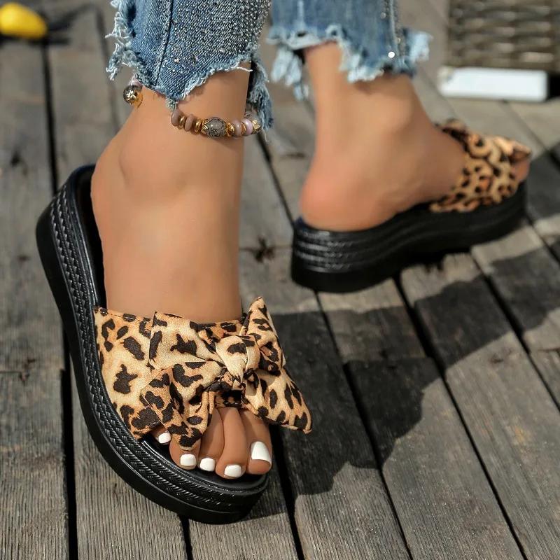Plus Size 2025 Summer Round Toe Women's Slipper Bow Tie Outdoor Platform Sandals Women with Leopard Flat with Hot Sale Slippers