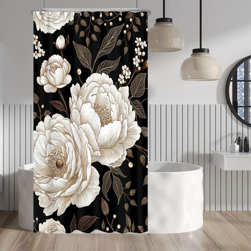 Vintage Black Gold Boho Shower Curtain, Dark Wildflower Botanical Print, Farmhouse Floral Art with Hooks