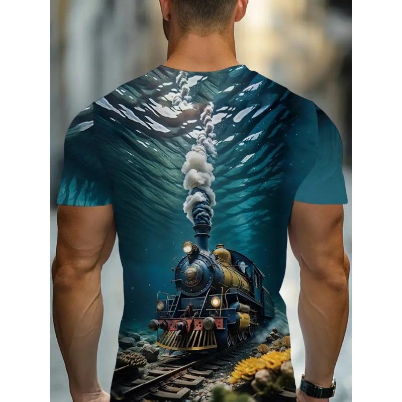 Large Men's Train Pattern 3D Printed Men's Round Neck Short Sleeved T-shirt Summer Fashion T-shirt Casual Comfortable Versatile Top