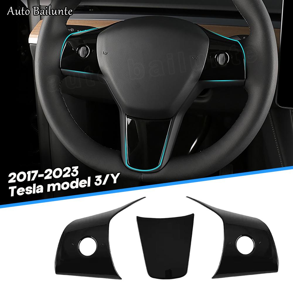 For Tesla Model 3 Model Y 2023 2022 3Pcs Car Interior Accessories Steering Wheel Decor Stickers Carbon Fiber Trim