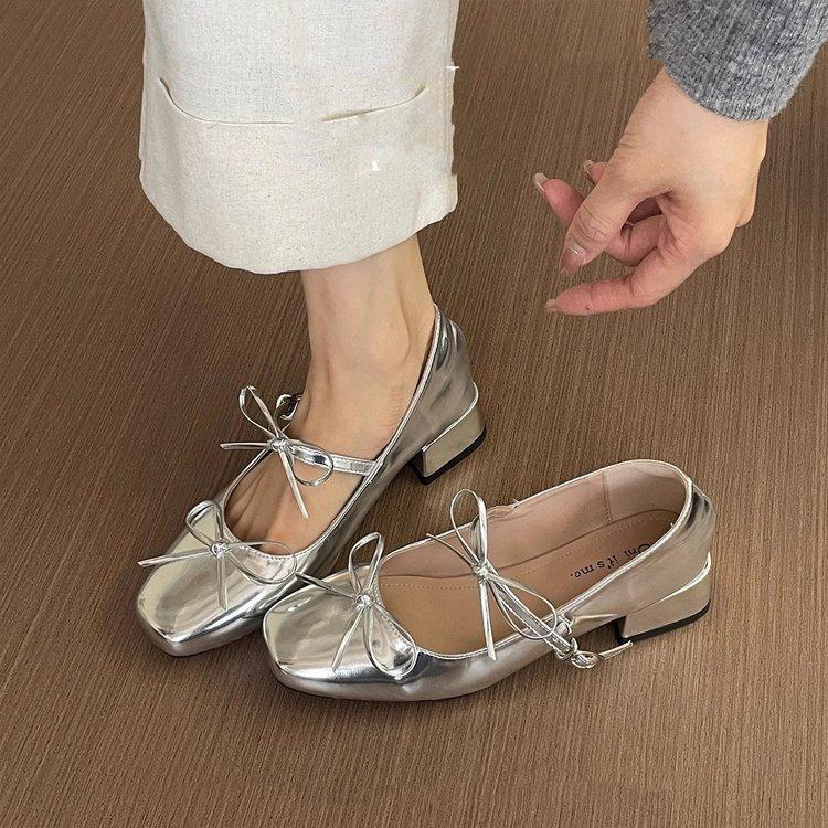 French bow light mouth red single shoes women's spring and autumn new retro fairy ballet thick heel Mary Jane small leather shoes