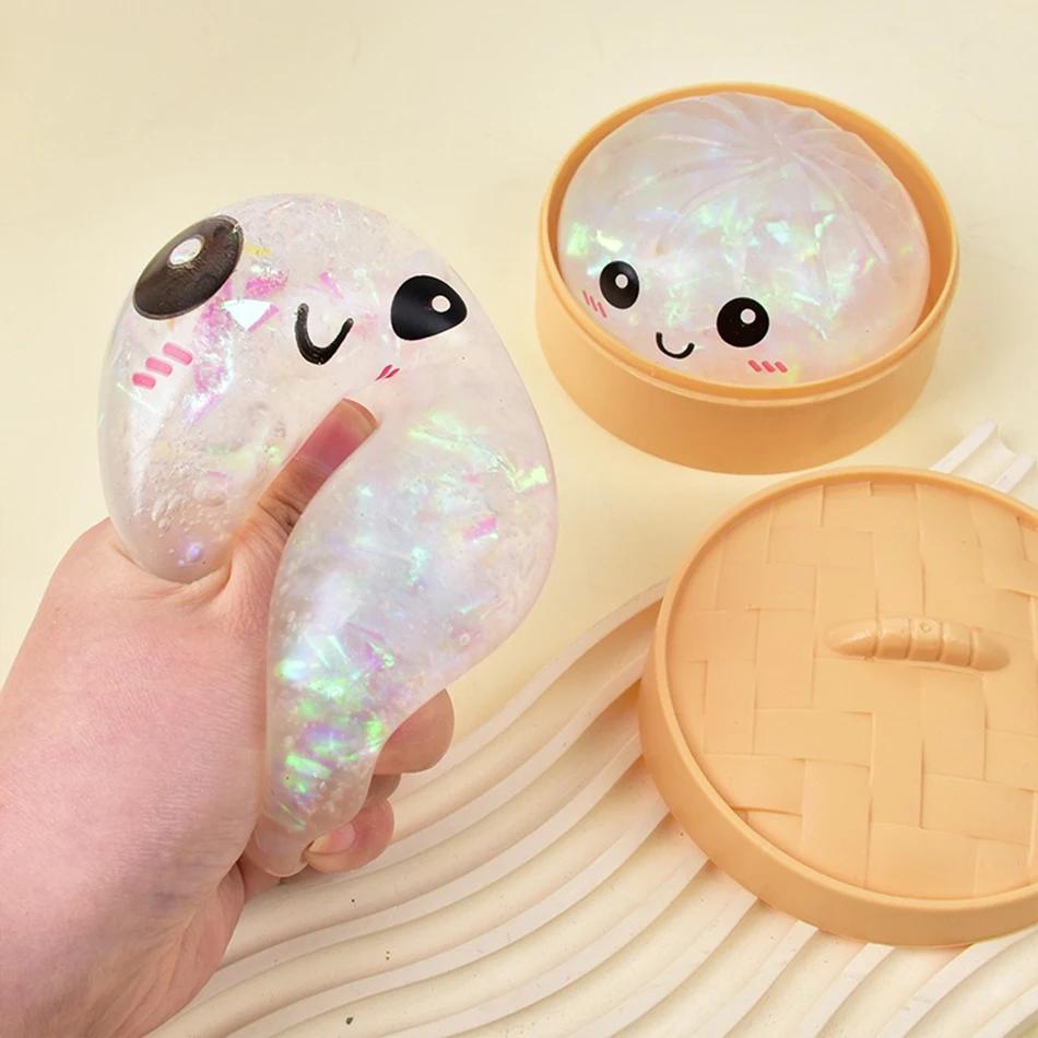 Glitter Dumpling Squishy with Box Dumplings Sensory Steamer Soft TPR Dough Ball for Decompression Fidget Toy Stress Relief Gift