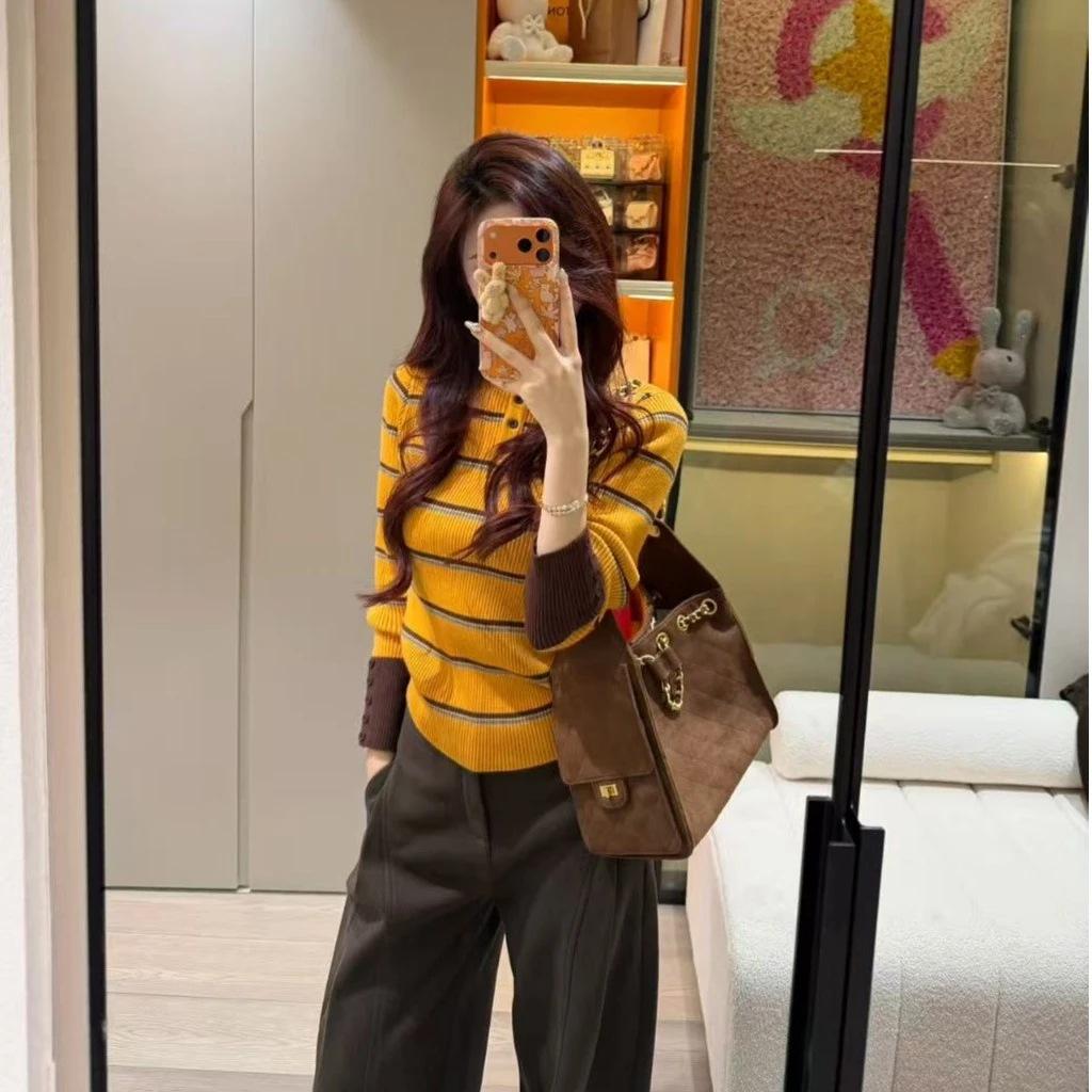 Unique Contrasting Striped Semi-turtleneck Bottoming Shirt Women's Autumn and Winter Long-sleeved Knitted Sweater with Top