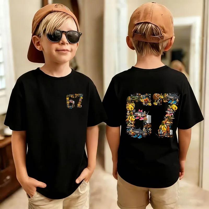Süß Lustig Sechs Sieben Italienisch Gehirnfäule 67 Zahl Grafikdruck T-Shirt JungeMädchen Sommer Kurzärmlig Kinder Bequemes T-Shirt Oberteil