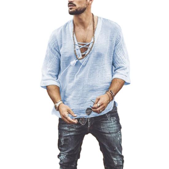 Men's Casual Cotton Linen Shirt Half Sleeve V Neck Lace Up Tee Shirts Bohemian Vintage Beach Summer Top