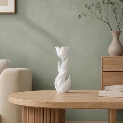 3D Printed Tulip Figurine, Solid White Flower Statue, Integrated Molding Decorative Ornament, Sturdy Art Decor for Bedroom Study Desktop Entrance,