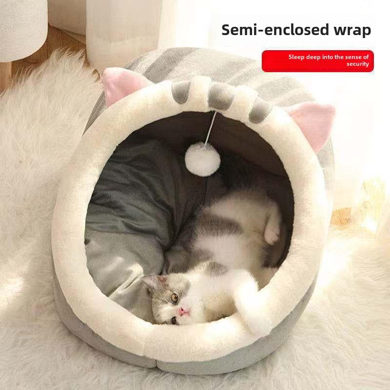 Four Seasons Cute Semi-Closed Pet Bed – Cozy for Cats & Dogs