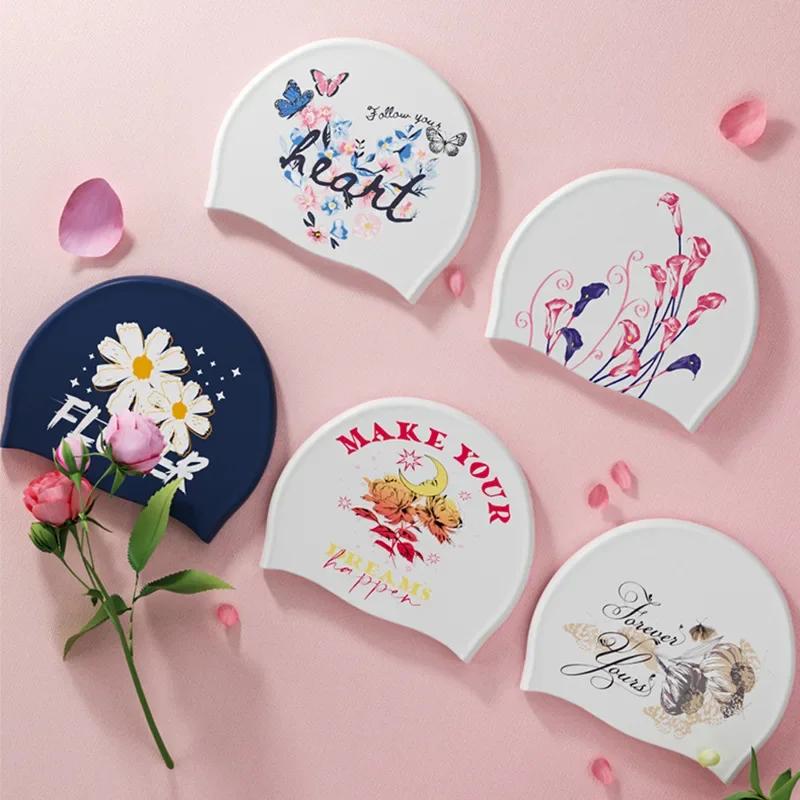 Toucas de natação estampadas para mulheres, tamanho grande, confortável, silicone, touca de natação, cabelo longo, proteção para orelhas, acessórios para piscina