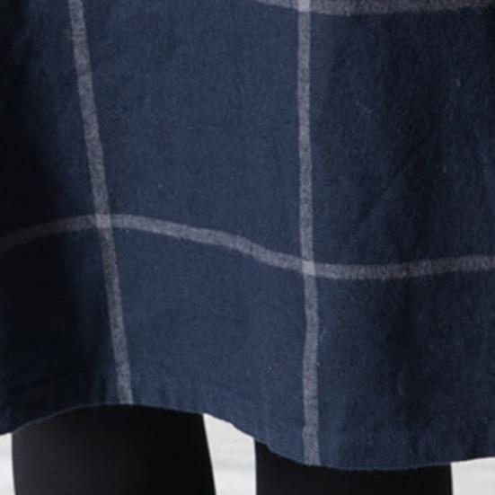 Women's Vintage Plaid Dress Casual Long Sleeve Cotton Linen Dress Fall Loose Fit Checkered Crew Neck Tunic Midi Dress