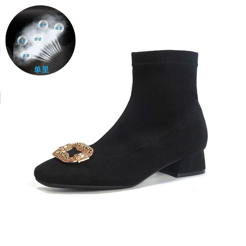 Bottes élastiques à talons hauts et boucle carrée en strass suédé Version coréenne bottes fines talon épais bout carré bottines automne et hiver sing