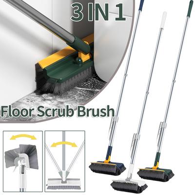Rotating Floor Scrub Brush Long Handle Windows Squeegee Stiff Bristle Broom Mop 3In1 for Bathroom Kitchen Floor Crevice Cleaning