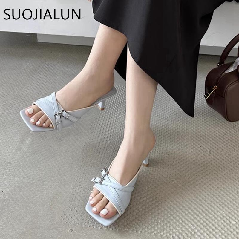 Fashion SUOJIALUN 2025 New Brand Women Slipper Fashion Square Toe Slip On Ladies Elegant Slides Square High Heel Outdoor Dress Sandal