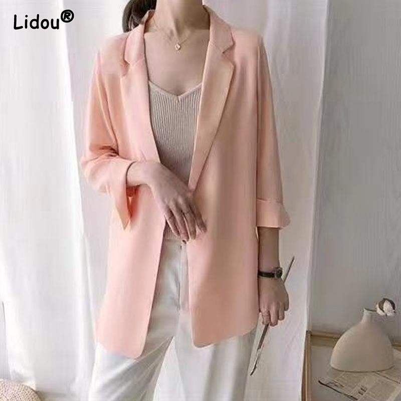 Notched Dignified Solid Intellectual Loose Spring Summer Office Lady Fashion Formal Casual Temperament Women's