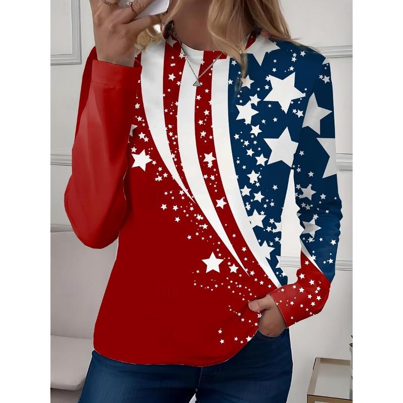 Women's T Shirt Long Sleeve Crew Neck Long Sleeve Tunic Graphic Flag Top