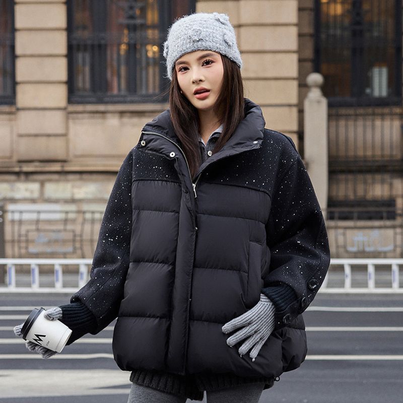 Glitter Patchwork Stand Collar Winter Coat Women European Style Warm Quilted Jacket Fashion Design