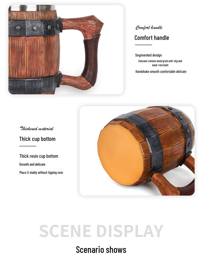 Creative Handmade Wooden Barrel-Style Stainless Steel Beer Mug, Large Capacity