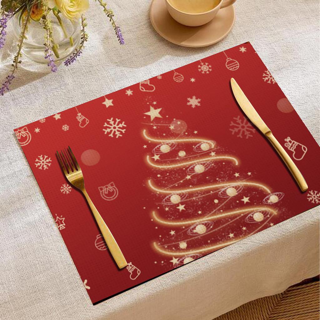 Cartoon Reindeer Print Linen Placemat Christmas Theme Kitchen Countertop Mat Bowls Plates Anti-slip and Heat-insulating Mats