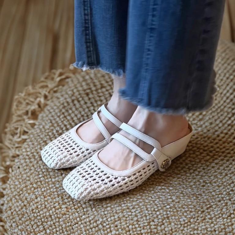 Ciabatte da piattaforma tacco basso tacco spesso scarpe singole scarpe Mary Jane traforate intrecciate alla francese sandali estivi da donna con fori retrò da donna