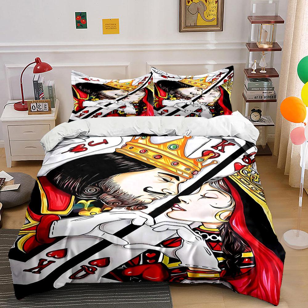 Romantic King and Queen Playing Cards Print Bedding Set 1 Duvet Cover 2 Pillowcases for Adult and Children Luxury Gift
