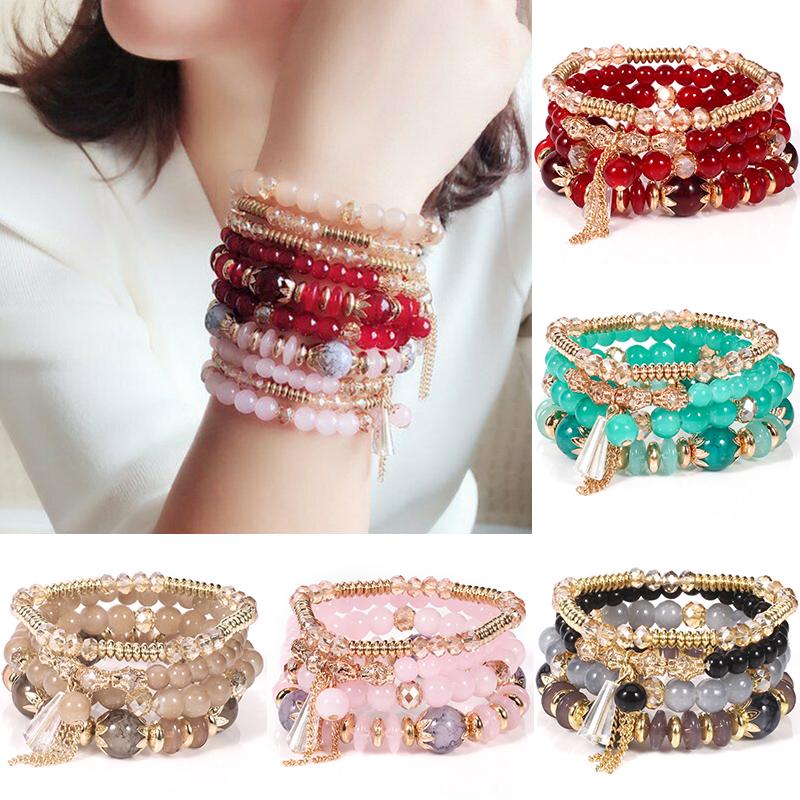 Fashionable 4Pcs Boho Multilayer Natural Stone Crystal Beaded Bracelets Fashion Women Set KTJ