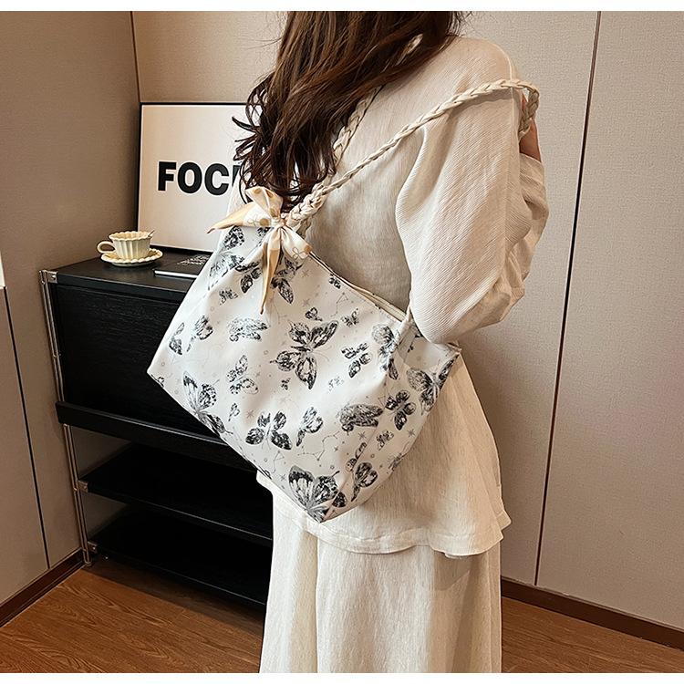 Chic Butterfly Print Faux Leather Tote Bag for Women, Woven Texture Shoulder Underarm Bag, Casual Daily Commute Handbag KTB