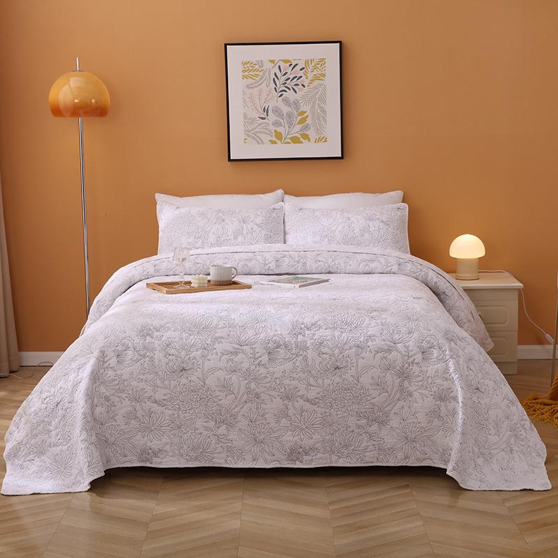 American-Style Quilted Cotton Bedspread Set - 3-Piece Washed Solid Color Bedding