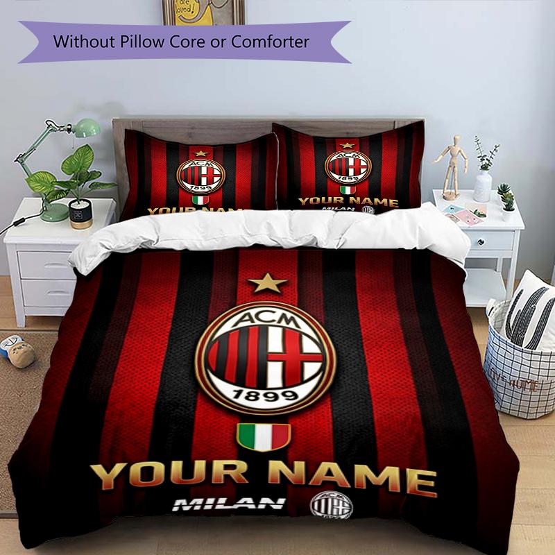 3pcs Custom Name AC Milan Crest Printed Bedding Set Duvet Cover Closure Includes 1 Duvet Cover & 2 Pillowcases, Soft and Comfortable for All Seasons.