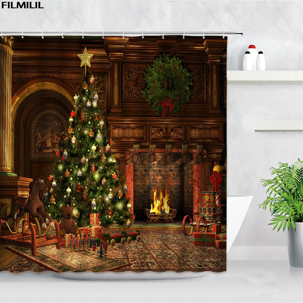 Retro Oil Painting Christmas Shower Curtains Santa Claus Garland Xmas Tree Vintage Fireplace New Year Decor Bathroom Curtain Set