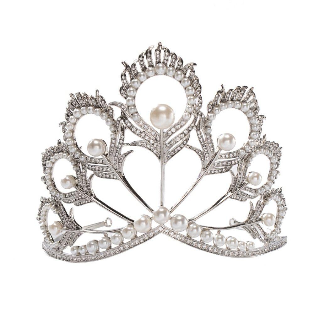 Rhinestone Crowns Peacock Feather Tiaras Round Pearl Pageant Diadem Crystal Pearl Headband Bohemian Lightweight
