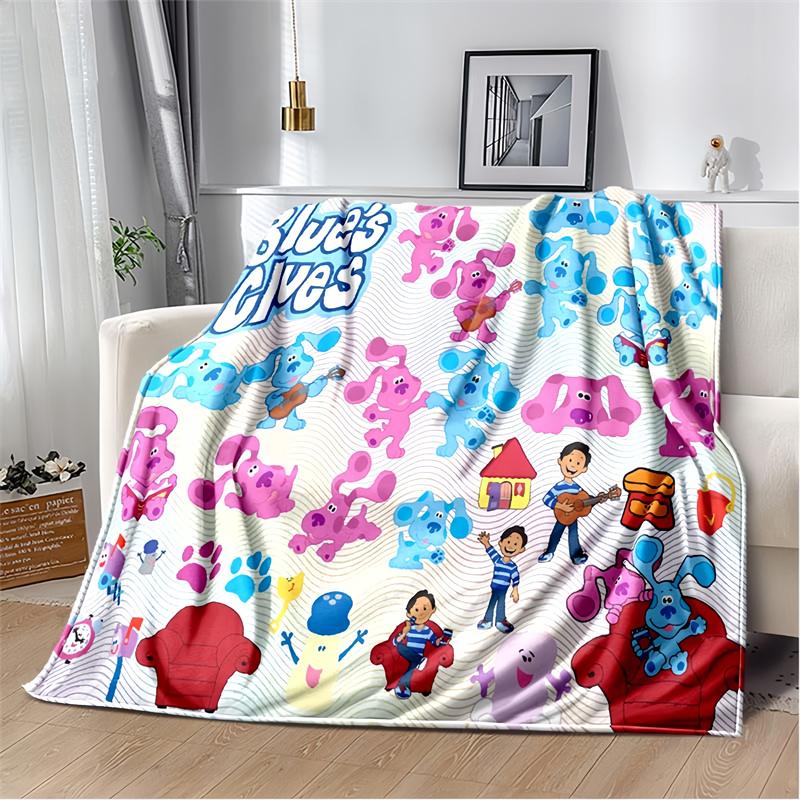 Blue Puppy In Green Nature Print Flannel Blanket, Kids Cartoon Dog Throw Blanket