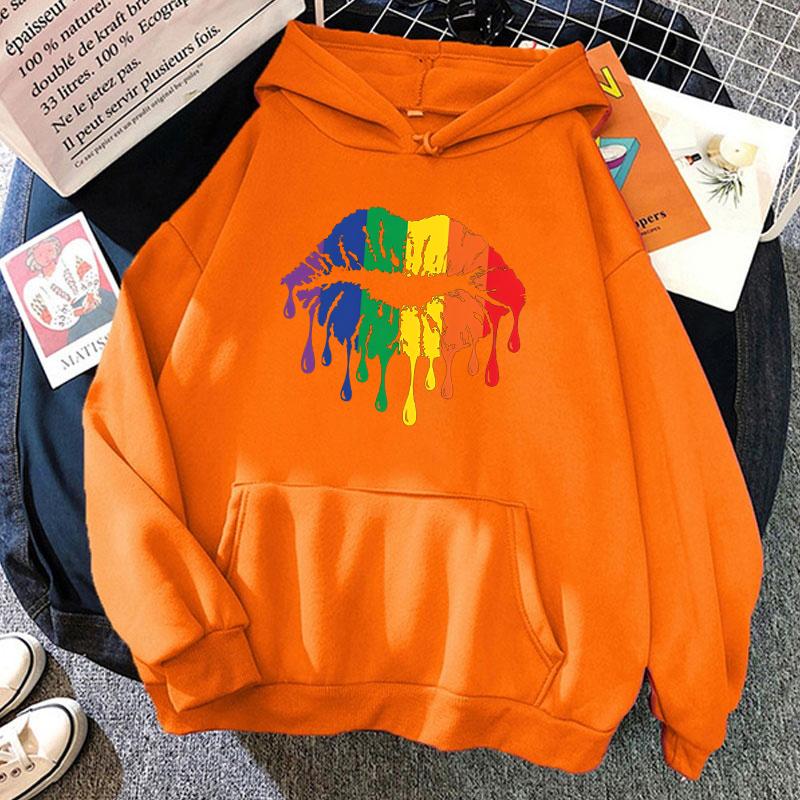 Women'S Winter Autumn Fashion Hooded Casual Long Sleeve Lgbt Pride Rainbow Lips Hoodies Sweatshirts Loose Pullover