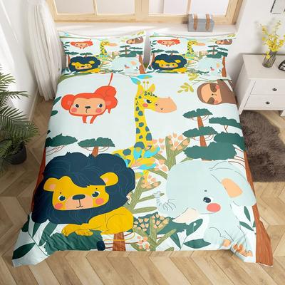 Cartoon Animals Duvet Cover Cute Giraffe Monkey Tiger Elephant Bedding Set Lovely Wildlife Comforter Cover Polyester Quilt Cover